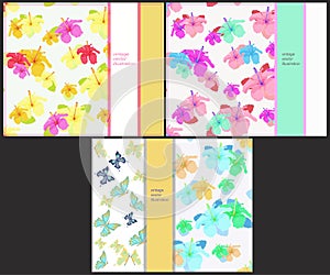 set the pattern for horizontal cards with butterflies and hibiscus. vector illustration