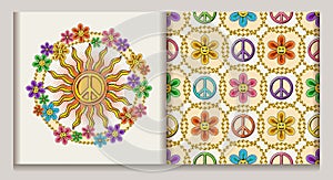 Set of pattern, label with chamomiles, peace sign
