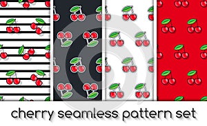 Set of patterns with cherries, seamless texture, wallpaper.