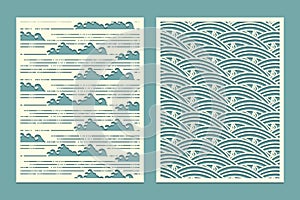 Set template for cutting. Patterns marine waves. Oriental style scenery Metal cutting or wood carving, panel design, stencil for photo