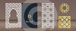 A set of patterns for laser cutting. Postcard, bookmark, gold medallion in oriental traditional style. Elements of