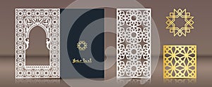 A set of patterns for laser cutting. Postcard, bookmark, gold medallion in oriental traditional style. Elements of photo