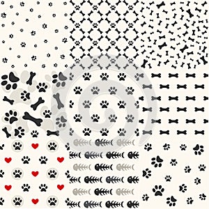 Set of patterns with paw footprints and bones