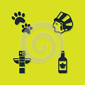 Set Paw print, Beer bottle, Canadian totem pole and Native American Indian icon. Vector