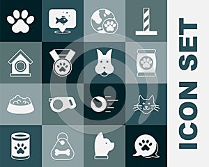 Set Paw print, Cat, Bag of food for pet, World, Pet award symbol, Dog house, and icon. Vector