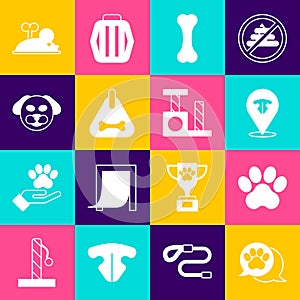 Set Paw print, Cat nose, Dog bone, collar, Clockwork mouse and scratching post icon. Vector