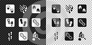 Set Paw print, Mop, Horse paw footprint, Human footprints shoes, Magnifying glass with footsteps, and icon. Vector