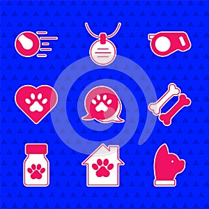 Set Paw print, Pet house, Cat, Dog bone, Medicine bottle and pills, Heart with animals footprint, Retractable cord leash