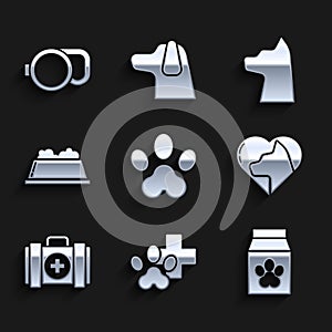 Set Paw print, Veterinary clinic symbol, Bag of food for pet, Heart with cat, Pet first aid kit, bowl, Cat and
