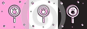 Set Paw search icon isolated on pink and white, black background. Magnifying glass with animal footprints. Vector