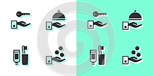 Set Paying tips, Hotel door lock key, Toothbrush and toothpaste and Covered with tray icon. Vector