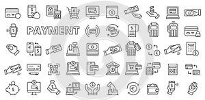 Set of Payment icons in line design. Icons, cash, currency, contactless, transaction, shopping, secure, exchange