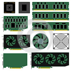 Set of PC hardware and computer parts isolated on white background. CPU, video graphics card, RAM. Clipart