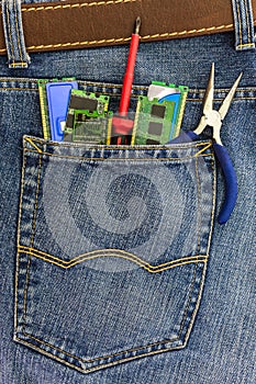 Set of PC service tools in a back pocket of jeans