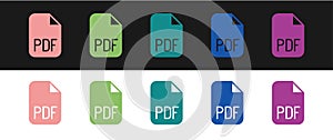 Set PDF file document. Download pdf button icon isolated on black and white background. PDF file symbol. Vector