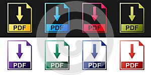 Set PDF file document icon isolated on black and white background. Download PDF button sign. Vector