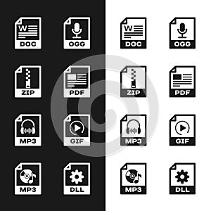 Set PDF file document, ZIP, DOC, OGG, MP3 and GIF icon. Vector
