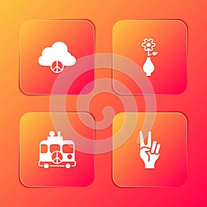 Set Peace cloud, Flower in vase, Hippie camper van and symbol icon. Vector