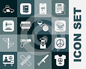 Set Peace, Graduation cap, Protest, Censored stamp, Judge gavel, Police car and flasher and Ball chain icon. Vector