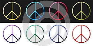 Set Peace sign icon isolated on black and white background. Hippie symbol of peace. Vector