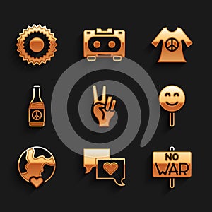 Set Peace symbol, Speech bubble chat, No war, Smile face, The heart world - love, Beer bottle, dress print stamp and Sun