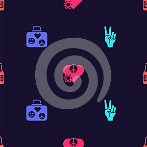 Set Peace symbol, Suitcase for travel, Love peace and Beer bottle on seamless pattern. Vector