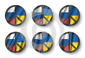 Set of Peace symbols with russia and ukraine waving flag . The Campaign for Nuclear Disarmament  CND  Sign . Flat design .