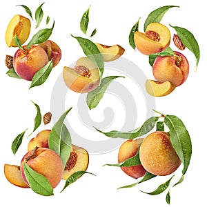 Set with peaches, exclusive collage with flying peaches. High re