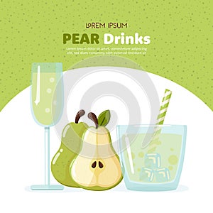 Set of pear, half of pear, cider glass and glass with ices