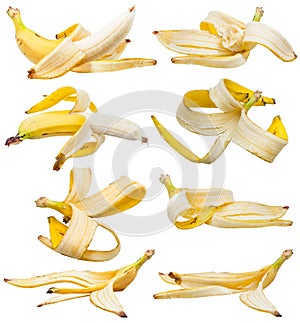 Set of peeled bananas and banana peels isolated