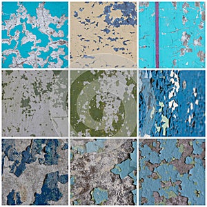 Set of peeling paint textures. Old concrete walls with cracked flaking paint