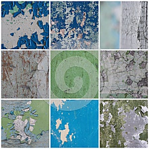 Set of peeling paint textures. Old concrete walls with cracked flaking paint.