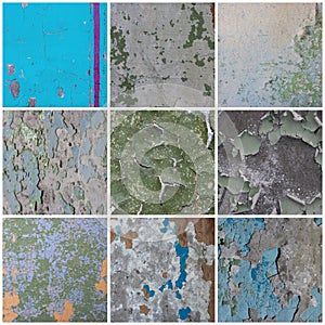 Set of peeling paint textures. Old concrete walls with cracked flaking paint.