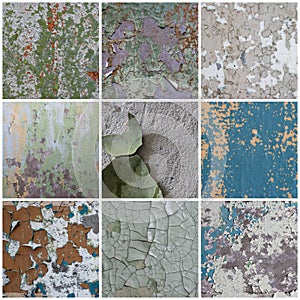 Set of peeling paint textures. Old concrete walls with cracked flaking paint.