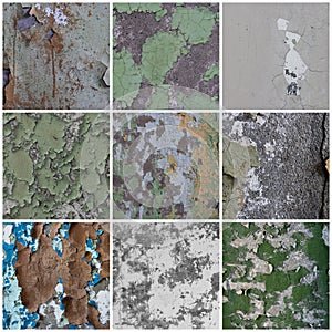 Set of peeling paint textures. Old concrete walls with cracked flaking paint.