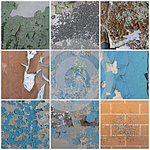 Set of peeling paint textures. Old concrete walls with cracked flaking paint.