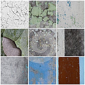 Set of peeling paint textures. Old concrete walls with cracked flaking paint.