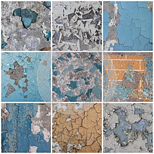 Set of peeling paint textures. Old concrete walls with cracked flaking paint.