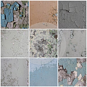 Set of peeling paint textures. Old concrete walls with cracked flaking paint.