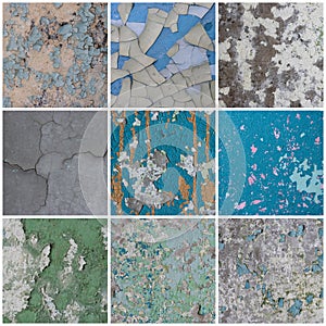 Set of peeling paint textures. Old concrete walls with cracked flaking paint.