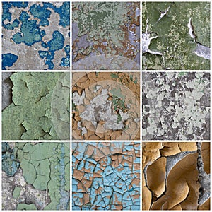 Set of peeling paint textures. Old concrete walls with cracked flaking paint.