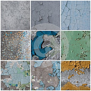 Set of peeling paint textures. Old concrete walls with cracked flaking paint.