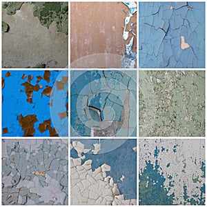 Set of peeling paint textures. Old concrete walls with cracked flaking paint