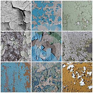 Set of peeling paint textures. Old concrete walls with cracked flaking paint