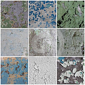 Set of peeling paint textures. Old concrete walls with cracked flaking paint.