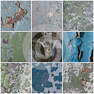 Set of peeling paint textures. Old concrete walls with cracked flaking paint.
