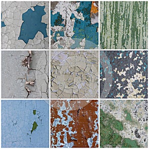 Set of peeling paint textures. Old concrete walls with cracked flaking paint