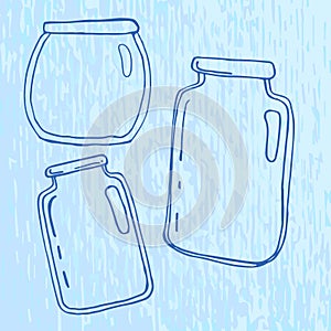 Set of pellucid glass jars in sketch style photo
