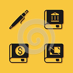 Set Pen, Book about geometry, Financial book and Law icon with long shadow. Vector