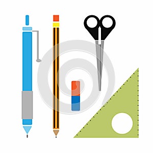 Set of pen, pencil, eraser, triangular ruler, scissors. Vector illustration.